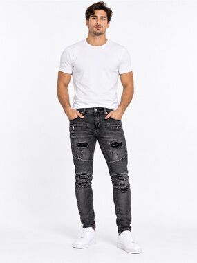 Men's Skinny Distressed Ribbed Knee Jeans - Black